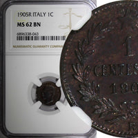 Italy Vittorio Emanuele III Bronze 1905 R 1 Centesimo NGC MS62 BN  KM# 35 (043)