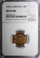 Great Britain George VI Bronze 1943 Farthing NGC MS64 RB KM# 843 (16)