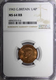 Great Britain George VI Bronze 1943 Farthing NGC MS64 RB KM# 843 (16)