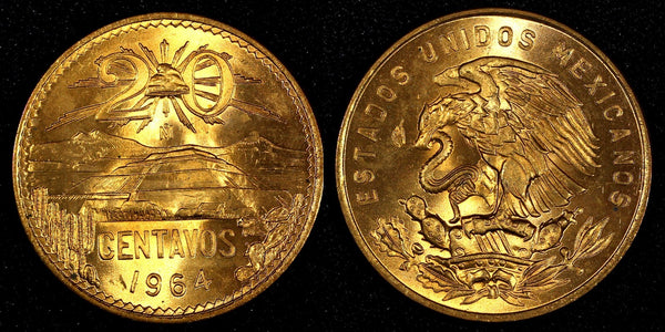 MEXICO  Bronze 1964 Mo 20 Centavos Red Toned GEM BU KM# 440 (27 371)