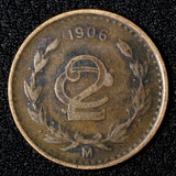 MEXICO  Bronze 1906 2 Centavos 	Narrow Date  KM# 419 (27 892)
