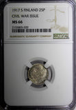 Finland  Silver 1917 S 25 Pennia Civil War Coinage NGC MS66 GEM BU  KM#19 (20)