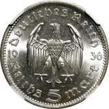 Germany - Third Reich Silver 1936 A 5 Reichsmark Berlin Mint NGC MS62 KM# 86(38)