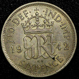 Great Britain George VI Silver 1942 6 Pence KM# 852 (24 192)