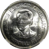 Philippines Silver 1963 Peso Andrés Bonifacio 38mm NGC MS63 KM# 193 (014)