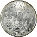 ROMANIA Mihai I Silver 1946 25000 Lei 32mm 1 Year Type XF+ KM# 70 (24 297)