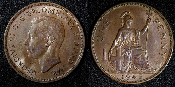 Great Britain George VI Bronze 1945 1 Penny WWII UNC KM# 845 (27 750)