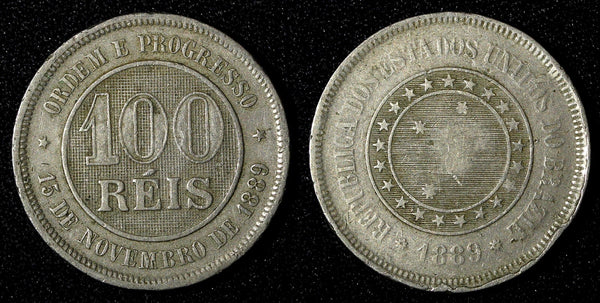 BRAZIL Copper-Nickel 1889 100 Reis 27  mm  1st Year Type KM# 492 (27 814)