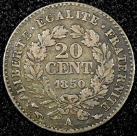 FRANCE Silver 1850 A  20 Centimes Paris Mint KM# 758.1 (24 699)