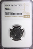 Italy Vittorio Emanuele III 1943 20 Centesimi WWII Issue NGC MS66 KM# 75b (30)