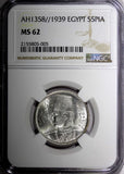 Egypt Farouk  Silver AH1358 1939 5 Piastres NGC MS62 Mint Luster KM# 366 (005)