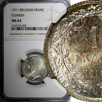 Belgium Albert I Silver 1911 1 Franc Flemish Dutch Text NGC MS63 KM# 73.1 (02)