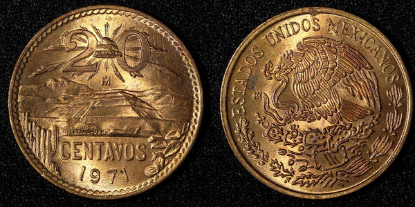MEXICO Bronze 1971 Mo 20 Centavos Red KM# 440 (28 000)