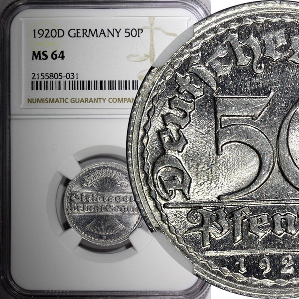 Germany, Weimar Republic 1920 D 50 Pfennig NGC MS64 GEM BU Munich Mint KM# 27(1)