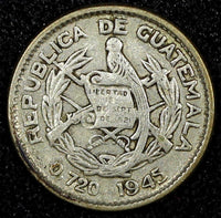 Guatemala Silver 1945 5 Centavos Guatemala City Mint KM# 238.1  (24 446)