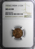 India-British George V Bronze 1933 (C) 1/12 Anna NGC MS63 RB KM# 509 (007)