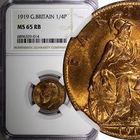 GREAT BRITAIN George V Bronze 1919 Farthing NGC MS65 RB TOP GRADED KM# 808.2 (4)