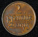 Danzig	Free city Bronze 1937 2 Pfennig ,Last Year XF Nice Toned KM# 141 (30 055)
