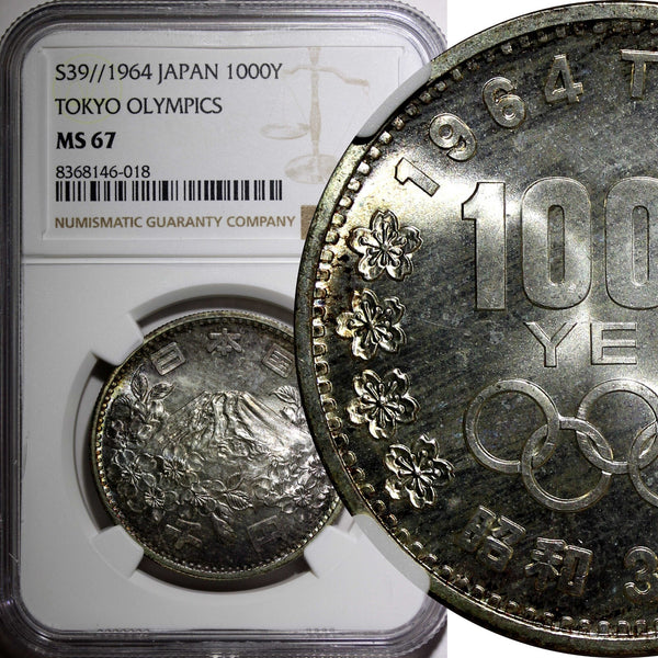 JAPAN Silver S39 1964 1000 Yen Olympics, Tokyo NGC MS67 Nice Toned Y# 80 (18)