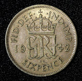 Great Britain George VI Silver 1942 6 Pence WWII Issue KM# 852 (28 466)