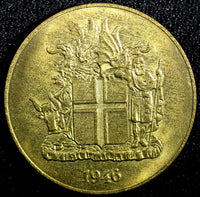 ICELAND Aluminum-Bronze 1946 2 Krónur Birmingham Mint  BU KM# 13 (23 601)