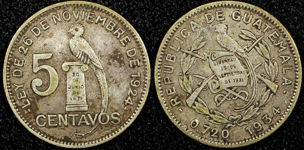 Guatemala Silver 1934 5 Centavos  Royal British Mint KM# 238.2  (24 455)