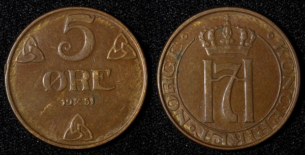 NORWAY Haakon VII Bronze 1951 5 Øre 27 mm  KM# 368 (27 619)
