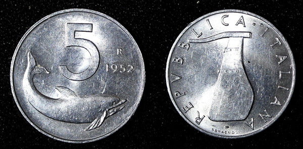 Italy Aluminum 1952 R 5 Lire Dolphin UNC  KM# 92 (27 674)