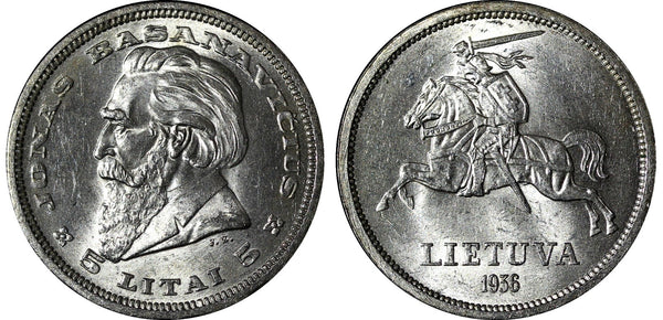 LITHUANIA Silver 1936 5 Litai Jonas Basanavicius 1 Year Type aUNC/UNC KM# 82 (6)