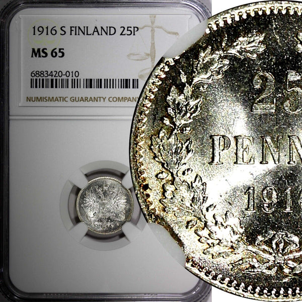 Finland Nicholas II Silver 1916 S 25 Pennia NGC MS65 GEM BU KM #6.2 (010)