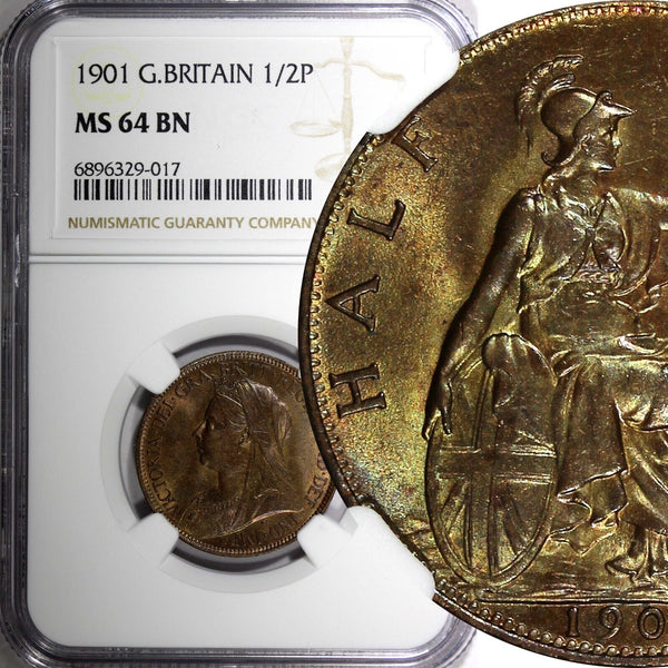 GREAT BRITAIN Victoria Bronze 1901 1/2 Penny NGC MS64 BN TONING KM# 789 (017)