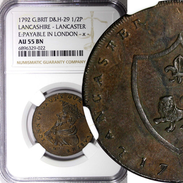 GREAT BRITAIN John of Gaunt Lancashire - Lancaster 1792 1/2 Penny Token NGC AU55