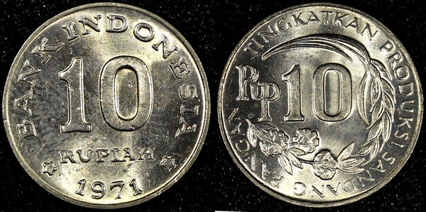 INDONESIA Copper-Nickel 1971  10 Rupiah FAO GEM BU KM# 33 (24 261)