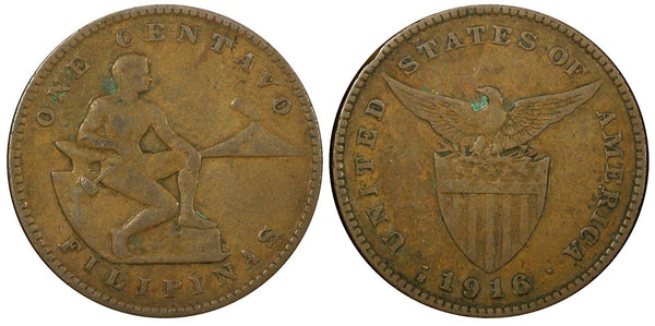 Philippines Bronze 1916 S  1 Centavo US Mint BETTER DATE KM# 163 (24 381)