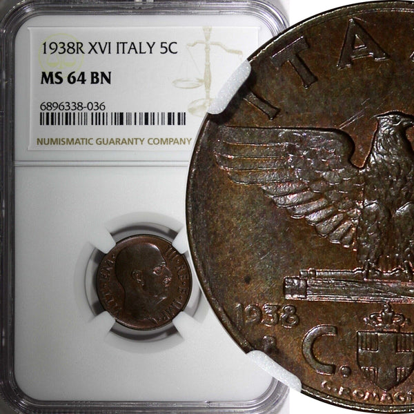 ITALY Vittorio Emanuele III Bronze 1938 XVI R 5 Centesimi NGC MS64 BN KM# 73 (6)