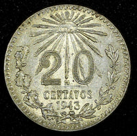 MEXICO Silver 1943 Mo  20 Centavos Last Year High Grade Toned KM# 438 (27 050)