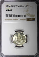 GUATEMALA Silver 1964 10 Centavos NGC MS66 GEM BU LUSTER KEY DATE KM# 262 (024)