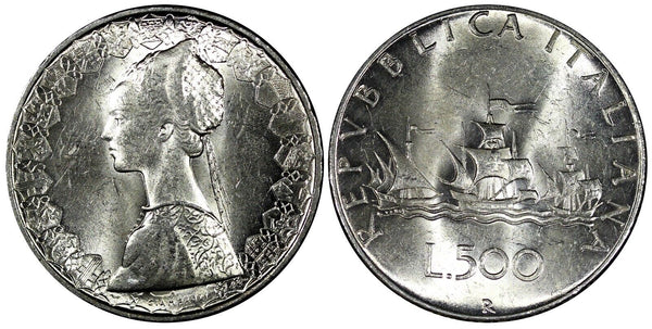 ITALY Silver 1958 R 500 Lire Columbus' ships HIGH GRADE KM# 98 (25 134)