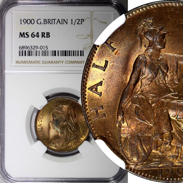 GREAT BRITAIN Victoria (1837-1901) Bronze 1900 1/2 Penny NGC MS64 RB KM# 789 (5)