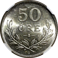 SWEDEN Gustaf V Silver 1928 G 50 Ore NGC MS62 KM# 788 (007)