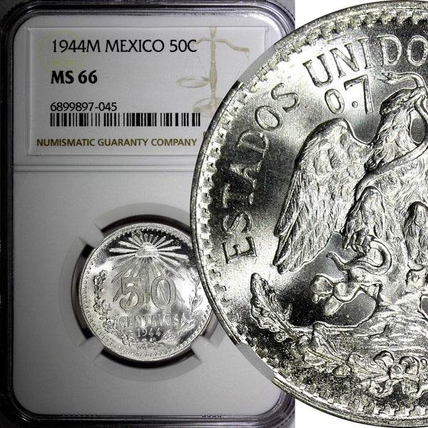 Mexico ESTADOS UNIDOS Silver 1944 M 50 Centavos NGC MS66 GEM GEM BU KM# 447 (45)