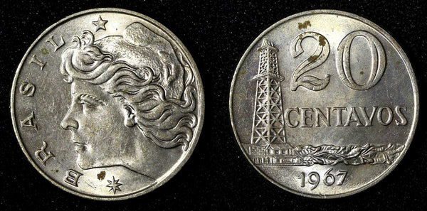 BRAZIL Copper-Nickel 1967 20 Centavos 1 Year Type Thick planchet KM# 579.1  (53)