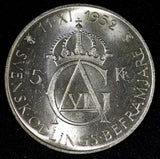 SWEDEN Silver 1952 ST 5 Kronor 70th Birthday Gustaf VI Adolf BU KM# 828 (27 255)
