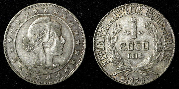 BRAZIL Silver 1928 2000 Reis  Rio de Janeiro Mint  Toned KM# 526  (27 507)