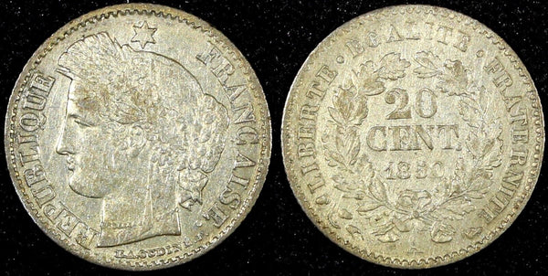 FRANCE Silver 1850 A  20 Centimes Paris Mint KM# 758.1 (24 698)