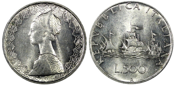 ITALY Silver 1959 R 500 Lire Columbus' ships HIGH GRADE KM# 98 (25 133)