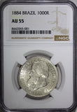 BRAZIL Pedro II Silver 1884 1000 Reis Better Date Mint-22,000 NGC AU55 KM#481(1)