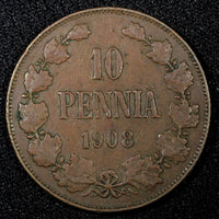 Finland Nicholas II Copper  1908 10 Penniä  Mintage-320,000 KM# 14 (27 149)