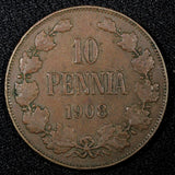 Finland Nicholas II Copper  1908 10 Penniä  Mintage-320,000 KM# 14 (27 149)