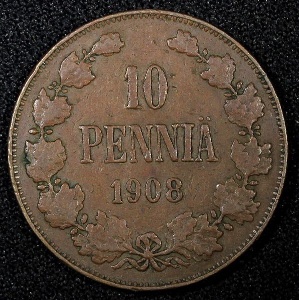 Finland Nicholas II Copper  1908 10 Penniä  Mintage-320,000 KM# 14 (27 149)